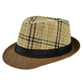 Vintage Herren Strohhut mit kariertem Webmuster und elegantem schwarzen Seidenband-Detail - M (56-58cm) / Kaffeebraun
