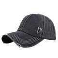 Détails de casquette de baseball en jean gris délavé avec déchirures et surpiqûres blanches - Réglable / Bleu marine