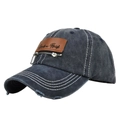 Detail der grauen Denim-Baseballkappe im Distressed-Look mit Lederpatch und Reißverschluss - Verstellbar / CB286-3 Marineblau