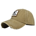 Macro detail of vintage khaki baseball cap showing distressed fabric and K&K patch - Adjustable / Khaki