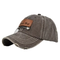 Close-up of distressed charcoal grey baseball cap with metal zipper and leather patch - Adjustable / CB286-6 Coffee