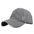 Detailed close-up of distressed charcoal grey denim baseball cap with frayed hole effects - Adjustable / Gray