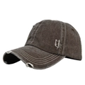 Detail of distressed brown denim baseball cap with white contrast stitching and torn holes - Adjustable / Coffee