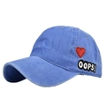Detail of blue washed cotton baseball cap with red heart and OOPS embroidery - Adjustable / Blue