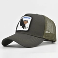 Detail of FREEDOM eagle patch embroidery on green mesh trucker hat with cotton twill - Adjustable / Army Green