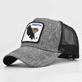 Detail of FREEDOM eagle embroidery on a gray trucker hat with black mesh back - Adjustable / Light Gray