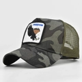Detail of freedom eagle embroidery and olive green mesh on vintage camouflage trucker hat - Adjustable / Camouflage 2