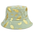 Détail d'un chapeau cloche vert clair avec imprimés feuilles dorées et texture coton - M(56-58cm) / Vert clair