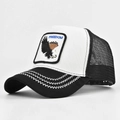Detail of the Freedom bald eagle embroidery patch on a mesh trucker hat with wavy stitching - Adjustable / Black Color Block