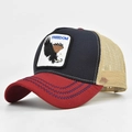 Detail of FREEDOM eagle patch and blue stitching on tricolor trucker baseball cap - Adjustable / Red Patchwork