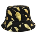 Fashionable black bucket hat with gold leaf prints and wide brim for sun protection - M(56-58cm) / Black