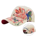 Beige baseball cap with 3D butterfly sequin embroidery and red brim underside - Adjustable / Beige