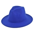 Detail of royal blue wool felt fedora showing fine stitching on the wide flat brim - M / Blue