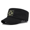 Side view of black canvas cadet hat featuring a tactical embroidered geometric patch - Flat Top / Black