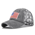 Macro shot of vintage grey baseball cap with 3D flag embroidery and star mesh detail - Flag Patch Style (CM535) / Gray