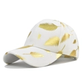 White baseball cap with gold foil feather patterns and curved brim for fashion - Adjustable / White