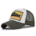 Detail of vintage trucker hat featuring 3D letter embroidery and distressed brim details - Adjustable / Army Green