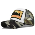 Close-up of the vintage Indian patch and 3D embroidery on camouflage trucker cap - Adjustable / Camouflage