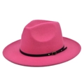 Detail of rose red wool felt fedora featuring black leather band and gold rivet accents - M / Rose Red