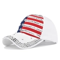 Close-up of white baseball cap with American flag rhinestone pattern and shiny crystals - White