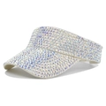 Detailed view of white open-top visor hat with sparkling AB rainbow rhinestones - Adjustable / Off White
