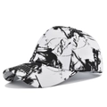Detail of street graffiti tie-dye baseball cap showing black ink splash print patterns - Adjustable / White with Black Splash (CL716-5)