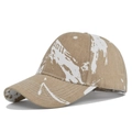 Detail shot of khaki tie-dye baseball cap with white graffiti and Famous letter embroidery - Adjustable / Khaki Splash (CL716-6)
