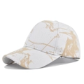 Detailed macro view of tie-dye marble pattern on a six-panel baseball cap with curved brim - Adjustable / White with Khaki Pattern (CL716-7)