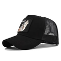 Cappellino trucker nero in rete con toppa ricamata di lupo solitario sulla fronte - Nero