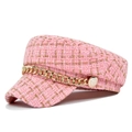 Detail of pink tweed newsboy cap with metallic gold chain and embossed buttons - M / Pink