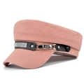 Detailed macro view of pink newsboy cap featuring rhinestone buckle and leather strap - M (56-58cm) / Pink