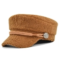 Detailed macro view of brown faux shearling baker boy cap with crest metal button - M (56-58cm) / Coffee