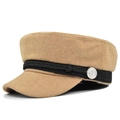 Detail of khaki wool newsboy cap featuring black braided rope and anchor metal button - M (56-58cm) / Khaki