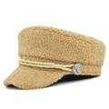 Chic camel faux fur baker boy hat with braided rope and embossed silver button - M (56-58cm) / Khaki