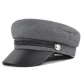Casquette gavroche rétro en laine grise avec visière en cuir noir et bouton argenté - M (56-58cm) / Gris