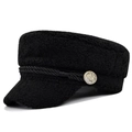 Women's black teddy wool navy baker boy hat with braided rope and silver metal button - M (56-58cm) / Black