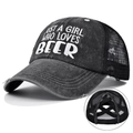 Distressed black ponytail baseball cap with Just A Girl Who Loves Beer white embroidery - Adjustable / Black Embroidered (JUST A GIRL WHO LOVES BEER)