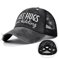 Detail of cross elastic bands for ponytail on washed canvas mesh trucker baseball cap - Adjustable / Black Embroidered (FREE HUGS just kidding)