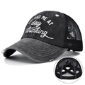 Detail of cross-elastic bands for high ponytail on embroidered grey mesh baseball cap - Adjustable / Black Embroidered (YOU HAD ME AT day drinking)