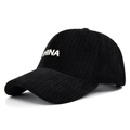 Schwarze Cord-Baseballkappe mit weißer HINA-Stickerei und verstellbarem gebogenem Schirm - Verstellbar / Schwarz