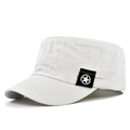 Detail of embroidered star patch and reinforced stitching on beige cotton cadet cap - White