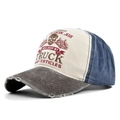 Detalle de gorra vintage con estampado de calavera y borde desgastado y roto - Ajustable / Café y Azul Marino