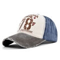 Dettaglio del cappellino vintage con stampa graffiti California 78 e bordi consumati - Regolabile / Caffè e Blu Navy