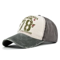 Detail of distressed cotton baseball cap featuring California 78 varsity print and worn edges - Adjustable / Army Green + Coffee