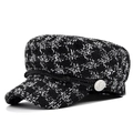 Retro black and white checkered tweed newsboy cap with rope trim and silver anchor button - M / Black