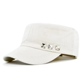 Detail of white cotton cadet cap with three silver pyramid studs and double-stitched brim - Adjustable / White
