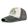 Detail view of washed distressed baseball cap with motorcycle graffiti and worn holes - Adjustable / Army Green + Coffee