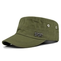 Detail of army green flat top cap featuring metal SPORT letters and ventilation eyelets - Adjustable / Army Green