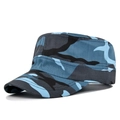 Detail view of a camouflage cadet cap in blue, black, and gray with a short brim design - Adjustable / Blue Camouflage