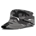 Close-up of grey and white camouflage flat top military cap with sturdy canvas visor - Adjustable / Grey Camouflage